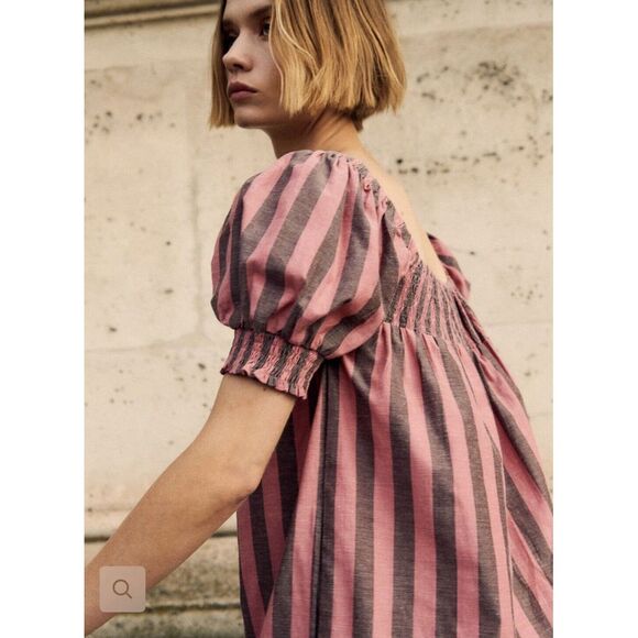 Mille Jane Size XS • Resort & Travel Mini Dress in Pink Gray Stripe Puff Sleeve - Picture 3 of 15